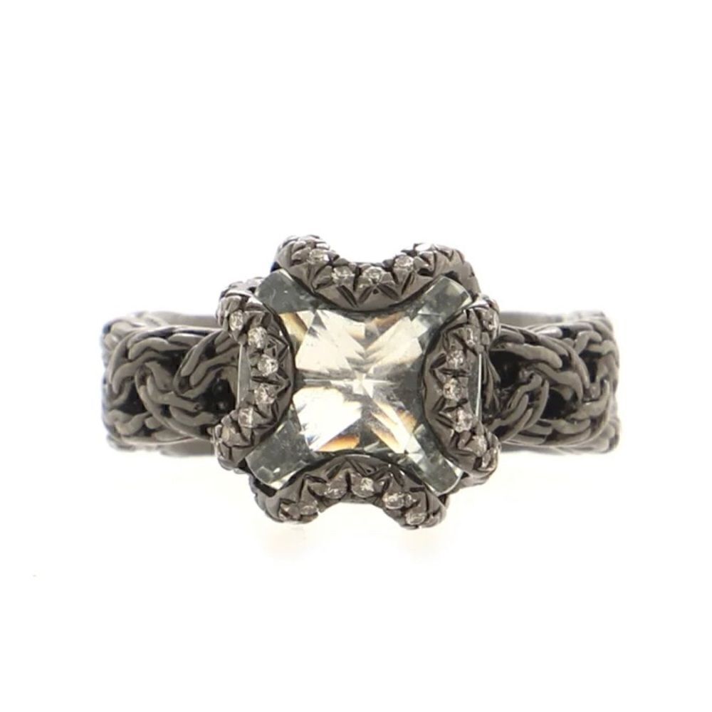 John Hardy Black Rhodium with Green Amethyst and Diamonds Ring |Size: 7|